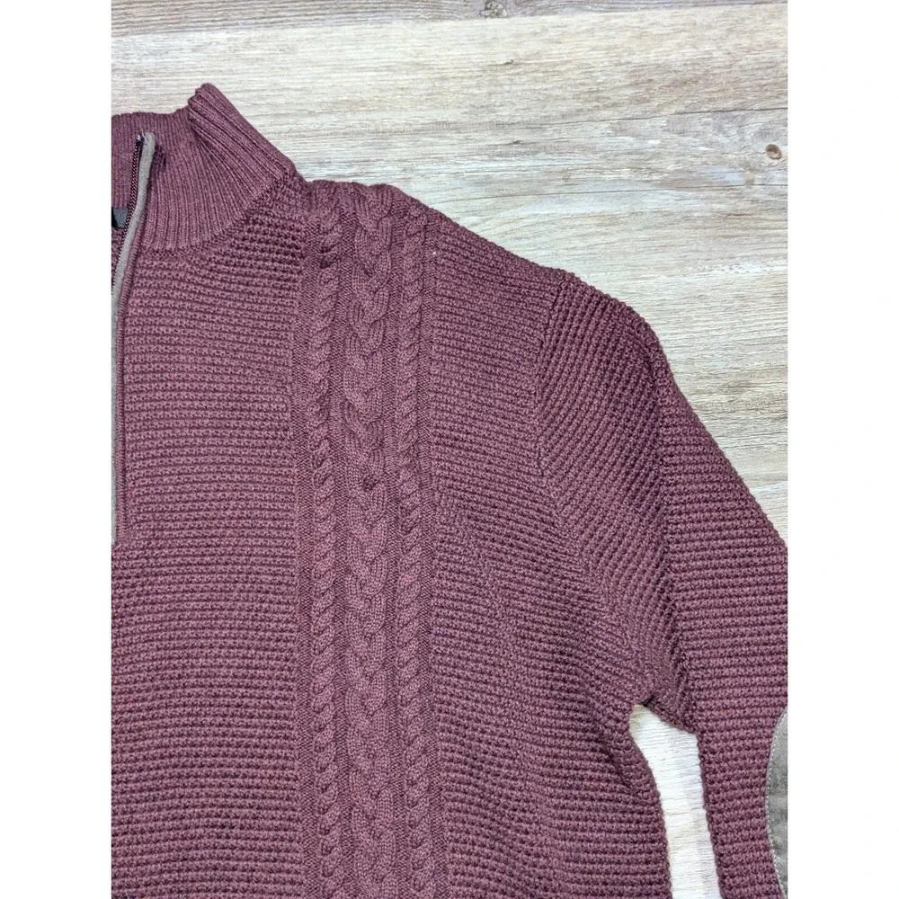 Raffi Burgundy Cable Knit Quarter Zip Sweater Mens Size XL Suede Elbow Patches - Picture 9 of 13